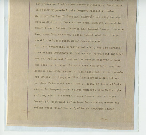 Reproduction couleur du contrat (libellé en allemand) de la deuxième tournée américaine de Paderewski, signé à New York le 28 mars 1892