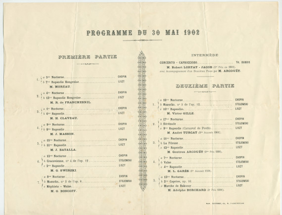 Programme d'une audition des lauréats du Concours Diémer 1901 (dont Paderewski était membre du jury) donnée le 30 mai 1902, sans doute au Conservatoire de Paris