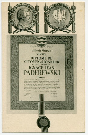 Carte postale représentant l'effigie de Paderewski président, l'aigle polonais et le diplôme de citoyen d'honneur décerné par la Ville de Morges le 2 février 1925