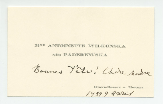 Carte de compliment de «Mme Antoinette Wilkonska née Paderewska» adressée en 1939 à une «chère Madame» pour son anniversaire