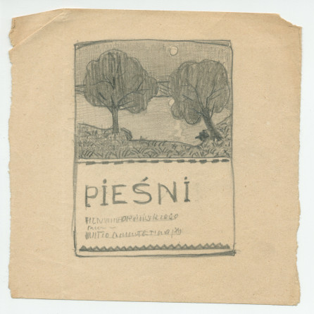 Trois dessins (crayon – le premier en couleurs) de projets de couvertures de partitions (?) de chansons («piesni») de Henryk Opienski, éditées à Varsovie