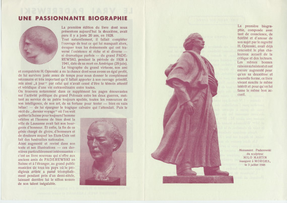 Prospectus promotionnel de la biographie de Paderewski publiée par Henryk Opienski aux Editions Spes à Lausanne