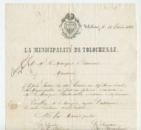 Autorisation accordée le 22 août 1868 par la Municipalité de Tolochenaz, par les signatures de son syndic Jules Béroud et de son secrétaire Panchaud, à Louis-Henri Marquis d'Estourmel, domicilié «au Chalet [de Riond-Bosson]»