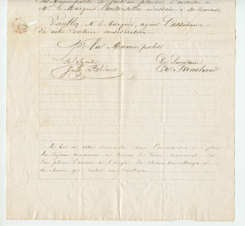 Autorisation accordée le 22 août 1868 par la Municipalité de Tolochenaz, par les signatures de son syndic Jules Béroud et de son secrétaire Panchaud, à Louis-Henri Marquis d'Estourmel, domicilié «au Chalet [de Riond-Bosson]»