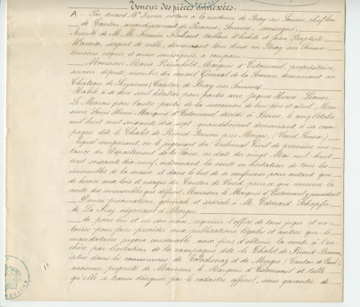 Acte n° 1752 de cession d'une moitié indivise du domaine dit «le Chalet de Riond-Bosson» réalisée le 5 juillet 1879 devant le notaire Louis Monay, à Morges