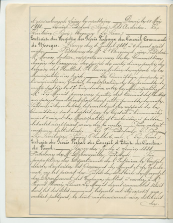 Acte n° 4076 de vente d'immeubles propriétés de la Commune de Morges situés sur les communes de Tolochenaz (Au Molliau) et Morges (À Bonjean, En Riond-Bosson) réalisée le 16 mai 1888 devant le notaire Henri Gonvers, à Morges