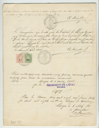 Acte n° 4076 de vente d'immeubles propriétés de la Commune de Morges situés sur les communes de Tolochenaz (Au Molliau) et Morges (À Bonjean, En Riond-Bosson) réalisée le 16 mai 1888 devant le notaire Henri Gonvers, à Morges