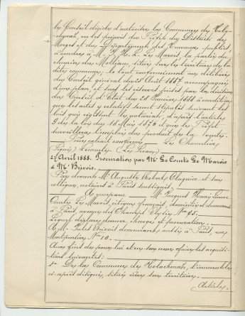 Acte n° 4077 de vente d'un immeuble sis «En Riond-Bosson» propriété de la Commune de Tolochenaz réalisée le 16 mai 1888 devant le notaire Henri Gonvers, à Morges