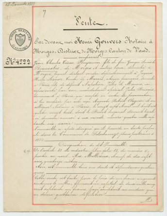 Acte n° 4222 de vente d'un immeuble sis «Au Molliau», sur la commune de Tolochenaz, réalisée le 15 décembre 1888 devant le notaire Henri Gonvers, à Morges, par M. Jean Charles César Benjamin, fils de feu Georges Louis de Beausobre, à Morges