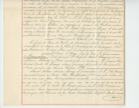 Convention entre la Compagnie des chemins de fer de la Suisse-Occidentale et du Simplon, représentée par M. Louis Delarageaz, ingénieux, domicilié à Lausanne, et M. Jacques Henri Lénor Comte Le Marois