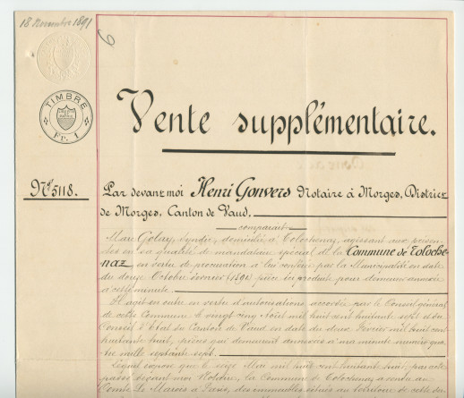 Acte n° 5118 de vente complémentaire d'un immeuble sis «En Riond-Bosson» propriété de la Commune de Tolochenaz réalisée le 18 novembre 1891 devant le notaire Henri Gonvers, à Morges