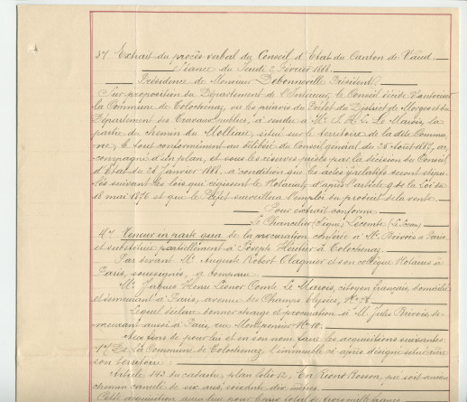 Acte n° 5118 de vente complémentaire d'un immeuble sis «En Riond-Bosson» propriété de la Commune de Tolochenaz réalisée le 18 novembre 1891 devant le notaire Henri Gonvers, à Morges