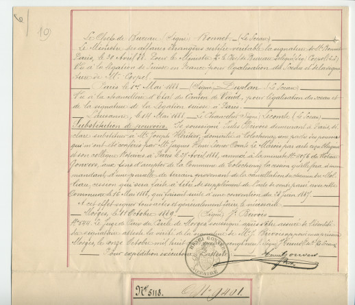 Acte n° 5118 de vente complémentaire d'un immeuble sis «En Riond-Bosson» propriété de la Commune de Tolochenaz réalisée le 18 novembre 1891 devant le notaire Henri Gonvers, à Morges