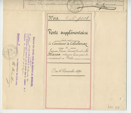 Acte n° 5118 de vente complémentaire d'un immeuble sis «En Riond-Bosson» propriété de la Commune de Tolochenaz réalisée le 18 novembre 1891 devant le notaire Henri Gonvers, à Morges