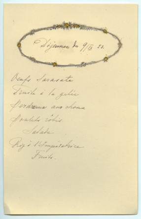 Menu manuscrit réalisé par Hélène Paderewska pour le déjeuner du 9 septembre 1923 à Riond-Bosson