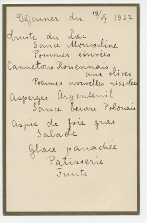 Menu manuscrit du déjeuner du 19 juin 1932 à Riond-Bosson