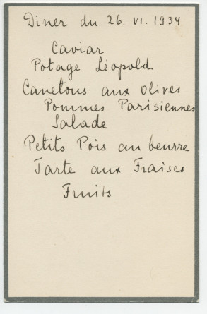 Menu manuscrit du déjeuner du 26 juin 1926 à Riond-Bosson