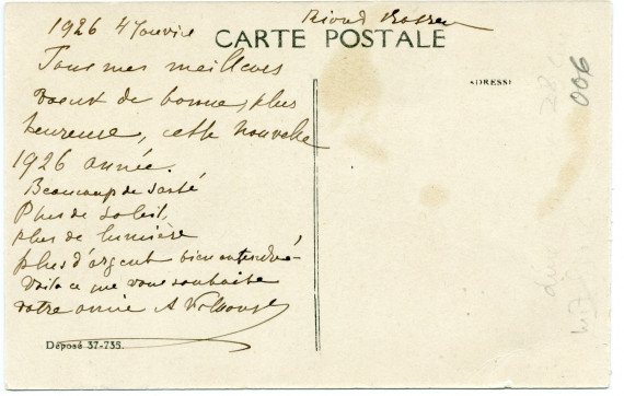Carte postale représentant l'effigie de Paderewski président, l'aigle polonais et le diplôme de citoyen d'honneur décerné par la Ville de Vevey le 20 mars 1925 – avec vœux pour la nouvelle année 1926 adressés par Antonina Wilkonska à un destinataire inconn