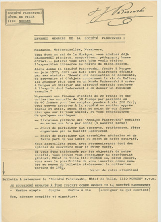 Bulletin d'adhésion à la Société Paderewski de Morges édité en 1982