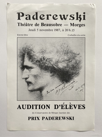 Affiche de l'audition d'élèves du Conservatoire de Morges lauréats des Prix Paderewski organisée le 5 novembre 1987 au Théâtre de Beausobre à Morges