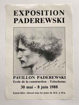 Affiche de l'exposition Paderewski présentée du 30 mai au 8 juin au Pavillon Paderewski (Pigeonnier) de l'Ecole de la construction (aujourd'hui Fédération vaudoise des entrepreneurs) à Tolochenaz