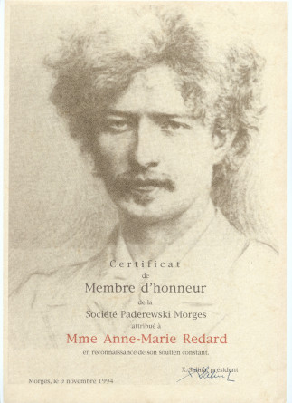 Certificat de membre d'honneur de la Société Paderewski de Morges attribué à Mme Anne-Marie Redard «en reconnaissance de son soutien constant», le 9 novembre 1994, avec signature autographe du président Xavier Salina