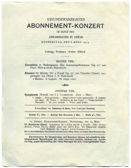 Programme d'une exécution de la Symphonie «Polonia» de Paderewski le 6 mars 1913 au Gewandhaus de Leipzig sous la direction d'Arthur Nikisch