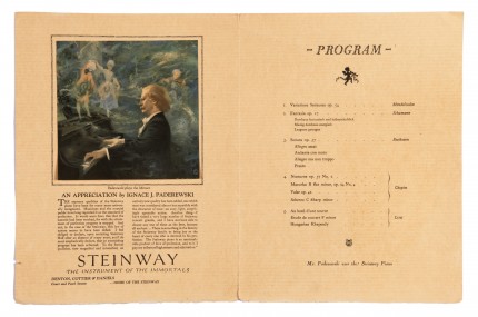 Intérieur du programme du récital donné par Paderewski le 3 janvier 1923 à l'Elmwood Music Hall de Buffalo (NY)