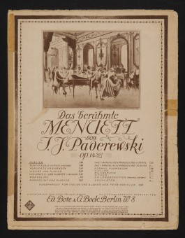 Partition du «célèbre Menuet» op. 14 n° 1 de Paderewski (version pour piano – Ed. Bote & G. Bock, Berlin)