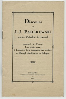 Plaquette du discours prononcé par Paderewski le 20 octobre 1924 à Vevey à l'occasion du transfert de la dépouille mortelle de Henryk Sienkiewicz en Pologne, éditée à Lausanne en 1925