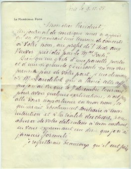 Lettre adressée de Paris le 9 décembre 1928 à «Mon cher Président» Paderewski par le maréchal Foch