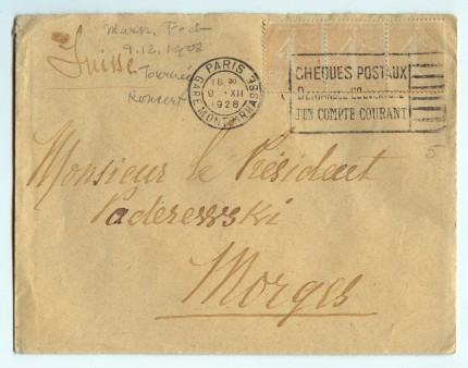 Enveloppe de la lettre adressée de Paris le 9 décembre 1928 à «Monsieur le Président Paderewski» par le maréchal Foch