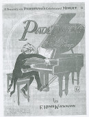 Reproduction d'un dessin expressif de Paderewski au piano, de type «cartoon», publié en 1920 par McKinley Music Co. en couverture de la partition d'un arrangement en «rag one-step» du célèbre Menuet