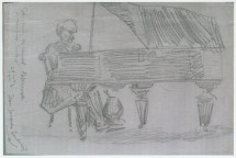 Reproduction du dessin réalisé le 27 mai 1925 (ou 1924) par Jean-Jacques G[?] en «souvenir du concert Paderewski», dédié «à Maurice C[?]»