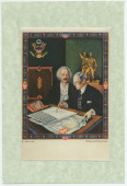 Reproduction (avec légende) de la lithographie allégorique représentant Paderewski en train de «dicter» le 13e point de son plan de paix au président Wilson, commande du gouvernement polonais à Arthur Szyk