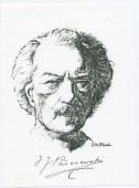 Reproduction d'un dessin de Paderewski (de face) réalisé par l'artiste américain E. Maurice Bloch, avec signature de Paderewski – accompagné d'un texte de présentation tiré d'un catalogue de vente aux enchères de «The E. Maurice Bloch Collection»