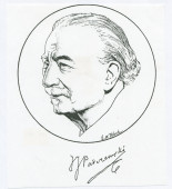 Reproduction d'un dessin de Paderewski (de profil gauche) réalisé par l'artiste américain E. Maurice Bloch, avec signature de Paderewski – accompagné d'un texte de présentation tiré d'un catalogue de vente aux enchères de «The E. Maurice Bloch Collection»