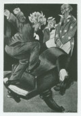 Reproduction d'une caricature de style cartoon d'auteur non identifié montrant Paderewski sautant sur son piano devant le regard médusé de quelques Américains (?)