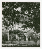 Photographie de la façade sud de la villa de Riond-Bosson, avec la roseraie, derrière le feuillage d'un arbre