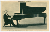 Carte postale de Paderewski au piano – illustration de Paul Strayer – éditée par le Polish Roman Catholic Union Archives and Museum de Chicago