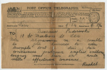 Télégramme adressé par la princesse Rachel Bibesco Bassaraba, princesse de Brancovan, à Paderewski, 18 Great Marlborough Street à Londres, de Paris le 7 décembre 1892
