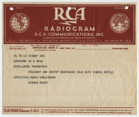 Télégramme adressé par Schwob (?) et [Gustave] Doret à «Excellence Paderewski», «Steinway, New York», de Lausanne le 6 novembre 1940