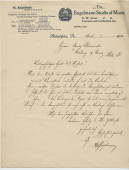 Lettre adressée (en allemand [d'époque!]) par Hans Engelmann, sous en-tête de «The Engelmann Studio of Music», à Paderewski, à l'Academy of Music de Philadelphie, de Philadelphie le 1er mars 1902