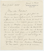 Lettre adressée par le général Henri Le Rond, 23 rue de l'Arcade à Paris (8e), à Paderewski, le 19 avril 1927