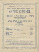 Programme du «Grand concert donné par l'Harmonie nautique de Genève sous la direction de M. Louis Bonade avec le gracieux concours de Monsieur Paderewski» le 18 décembre 1890 à la Salle de la Réformation à Genève