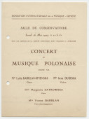 Programme du «concert de musique polonaise» donné le 16 mai 1927 à la Salle du Conservatoire de Genève par la cantatrice Lydia Barblan-Opienska et la pianiste Yvonne Barblan (entre autres musiciens), interprètes notamment d'une mélodie de Paderewski