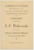 Programme du concert donné par Paderewski le 18 février 1937 à la Cathédrale de Lausanne – avec reproduction (journal) de l'allocution de Mgr prononcée à l'issue du concert