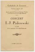 Programme du concert donné par Paderewski le 16 décembre 1938 à la Cathédrale de Lausanne sous les auspices de l'Association patriotique vaudoise et du Comité d'action pour la Salle Paderewski au profit de la construction de la Salle Paderewski