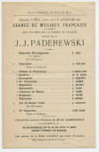 Programme de la «séance de musique française au profit des victimes de la famine en Galicie» donnée le 3 mai 1890 Salle Erard, 13 rue du Mail à Paris, par Paderewski et Charles Lamoureux à la tête de son Orchestre