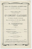 Programme du «12e concert classique de musique ancienne et moderne» de la saison 1912-1913 du Cercle des étrangers de Monte-Carlo donné le 6 février 1913, avec le concours de Paderewski dans le Concerto n° 2 et quatre pièces pour piano seul de Chopin